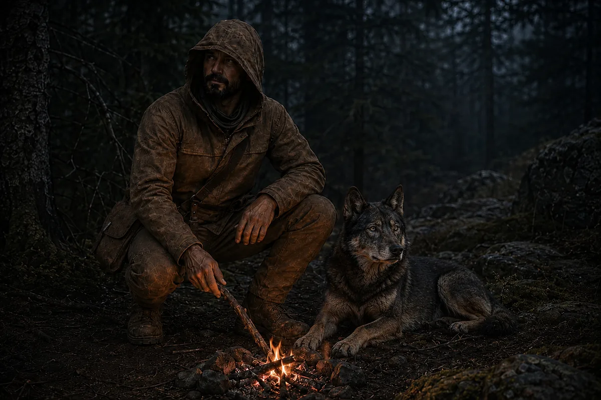 Calder and Ash beside a small predawn fire in the forest