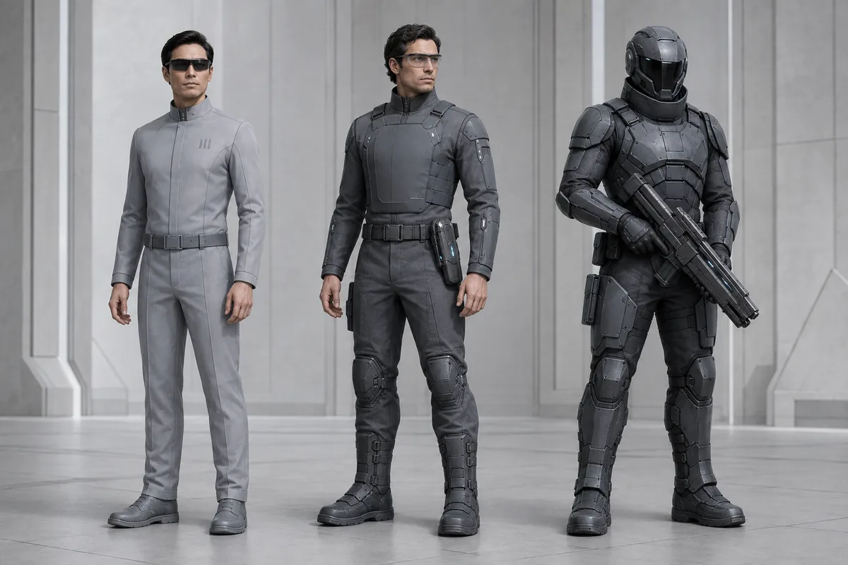 Three BLOC personnel types showing monitor, security, and elite force uniforms